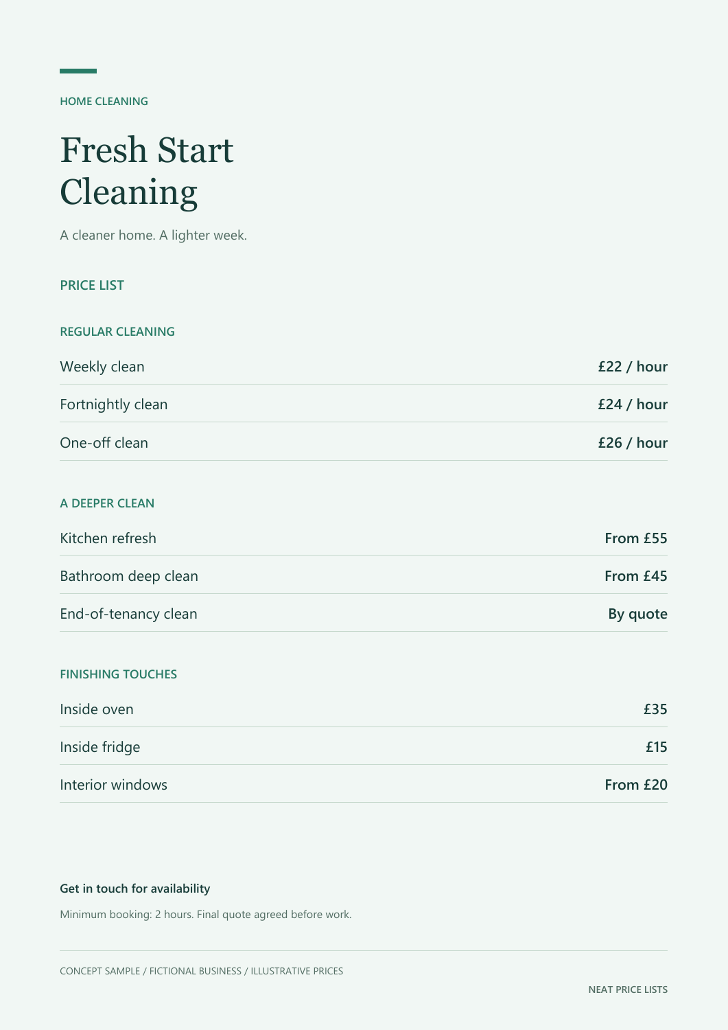 Fresh green home cleaning price list