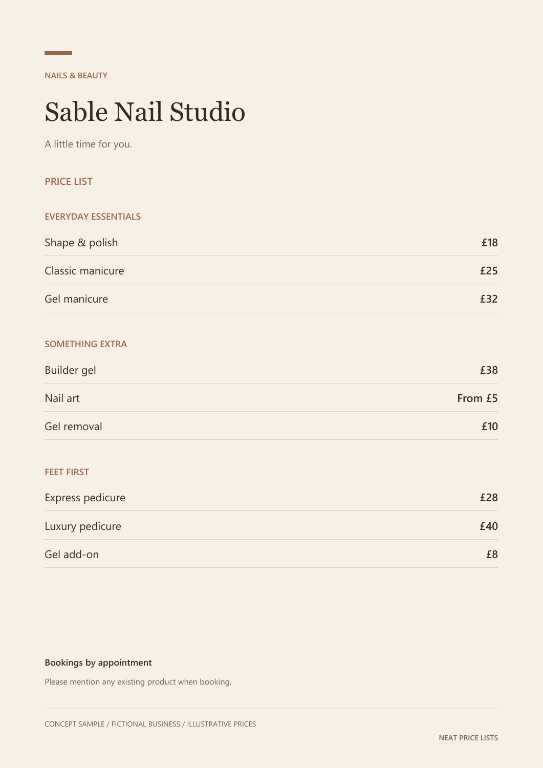 Concept price list for the fictional Sable Nail Studio